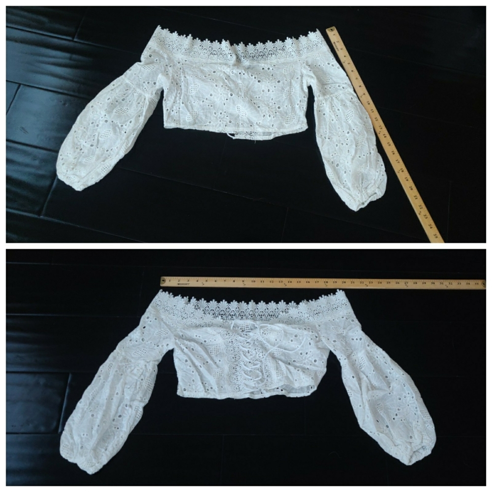Lace eyelet front tie balloon sleeves crop top